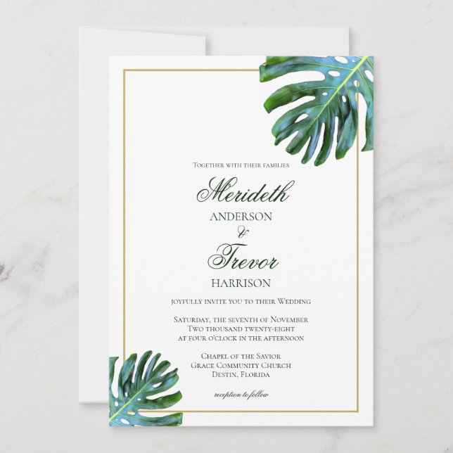 Invitación Elegante Boda Tropical Monstera Leaf Photo Beach W (Anverso)