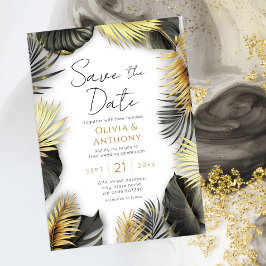Invitación Elegante Boda tropical negro y dorado