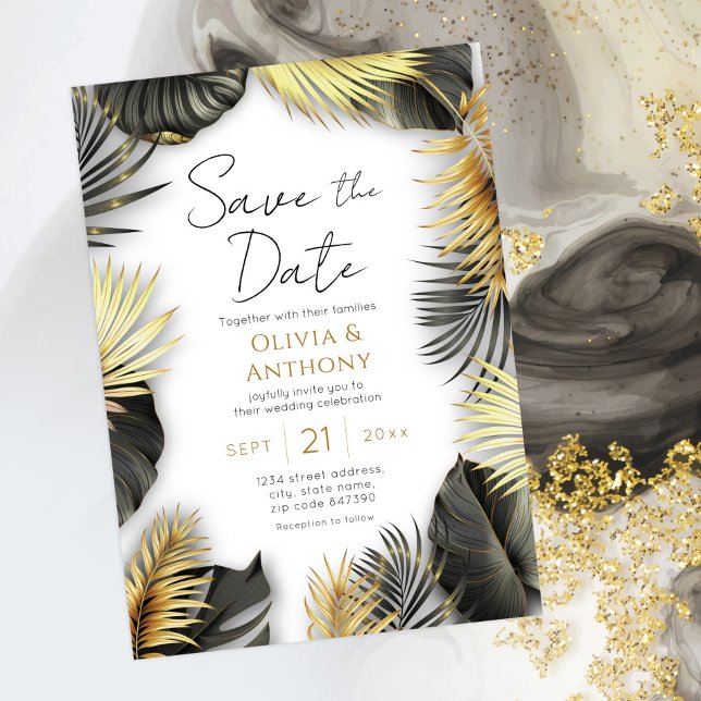 Invitación Elegante Boda tropical negro y dorado (Subido por el creador)