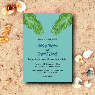 Invitación Elegante Boda Tropical Palm Blue Coastal Beach Wed