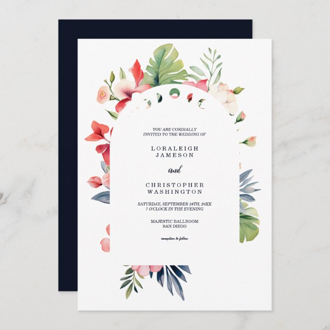Invitación Elegante Boda tropical romántico arca floral (Anverso / Reverso)