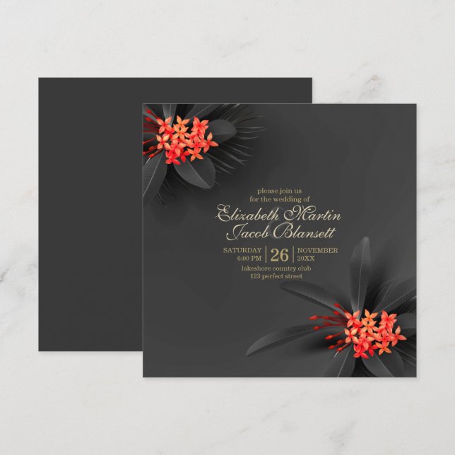 Invitación Elegante Boda tropical tropical floral oscuro (Anverso / Reverso)
