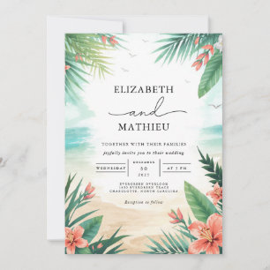 Invitación Elegante Boda Tropical Verde Floral Beach