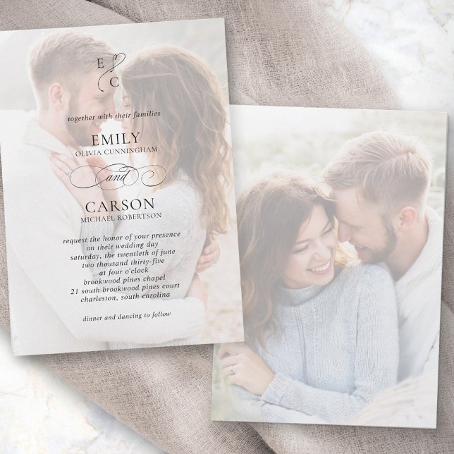 Invitación Elegante Boda Vellum Sobreposición Fotos Monograma (Subido por el creador)