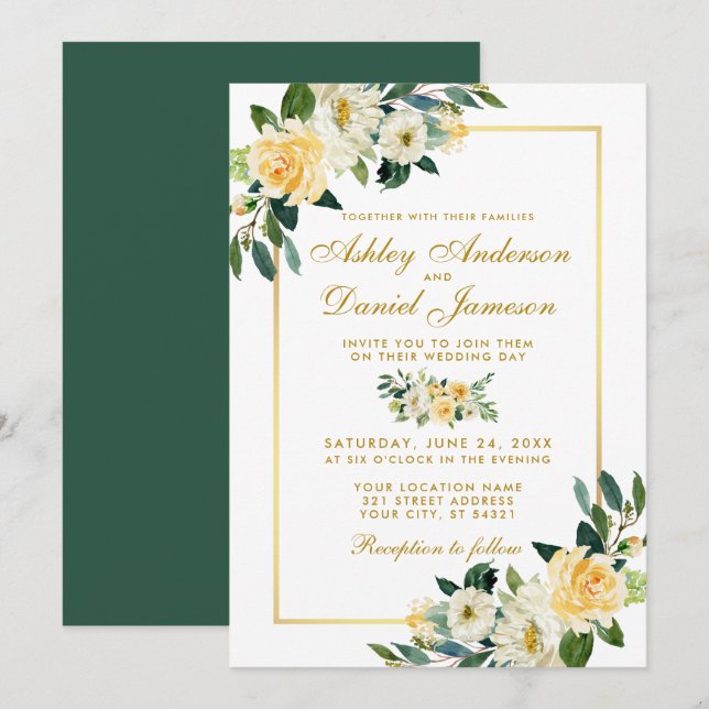 Invitación Elegante Boda verde amarillo dorado floral (Anverso / Reverso)