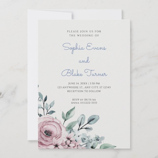 Invitación Elegante Boda verde azul y rosa oscuro (Anverso)