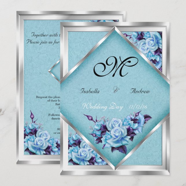 Invitación Elegante Boda Verde azulada Rosas Púrpura Plata Bo (Anverso / Reverso)
