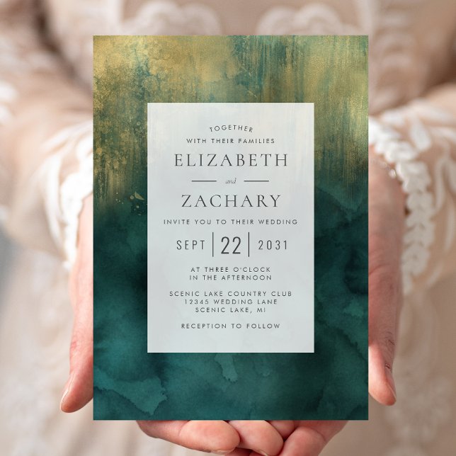 Invitación Elegante Boda Verde azulado de acuarela dorada (Subido por el creador)