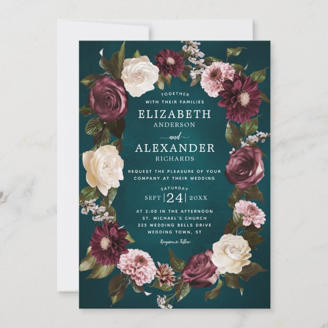 Invitación Elegante Boda Verde azulado oscuro de Moody Floral (Anverso)