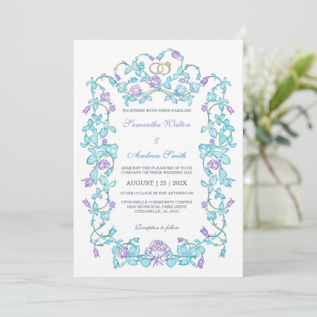 Invitación Elegante Boda Verde azulado Y Púrpura (Anverso de pie)