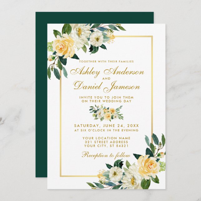 Invitación Elegante Boda verde de caza de oro amarillo floral (Anverso / Reverso)