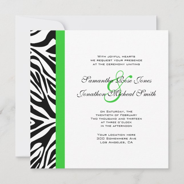 Invitación Elegante Boda verde de cebra blanca y negra (Anverso)