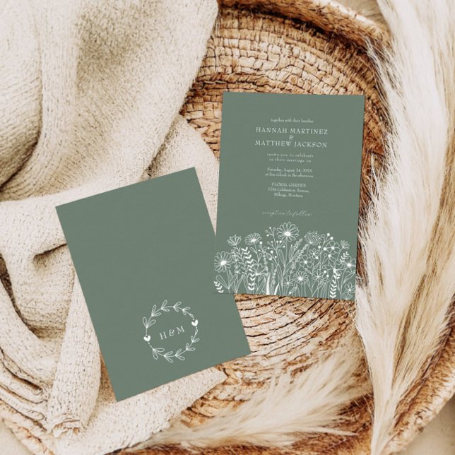 Invitación Elegante Boda verde de flores silvestres modernas (Subido por el creador)