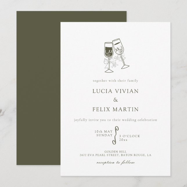 Invitación Elegante Boda verde de madera de oliva (Anverso / Reverso)
