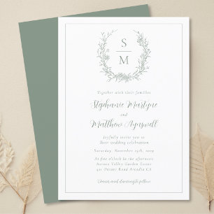 Invitación Elegante Boda verde de monograma botánico