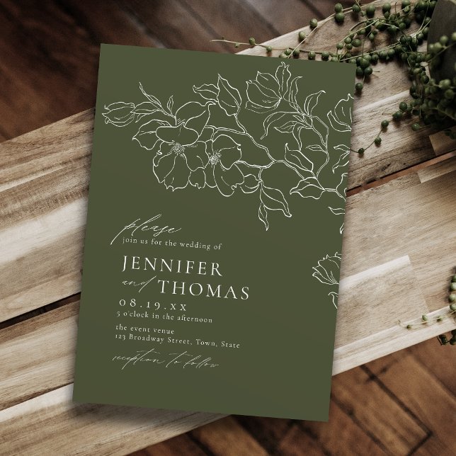 Invitación Elegante boda verde de salvia floral a mano (Elegant hand drawn floral sage green wedding invitation)