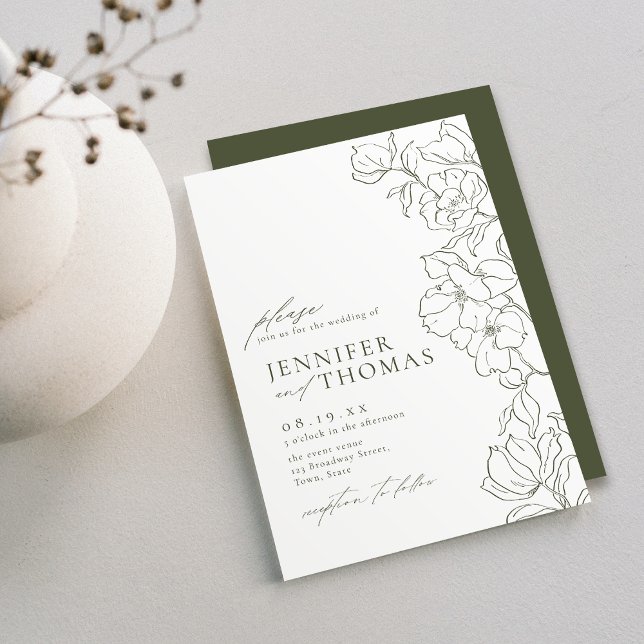 Invitación Elegante boda verde de salvia floral a mano (Elegant hand drawn floral sage green wedding invitation)