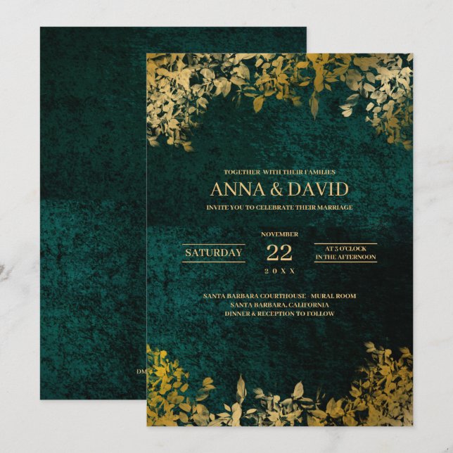 Invitación Elegante Boda verde de terciopelo de hojas de oro (Anverso / Reverso)