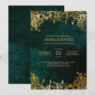 Invitación Elegante Boda verde de terciopelo de hojas de oro