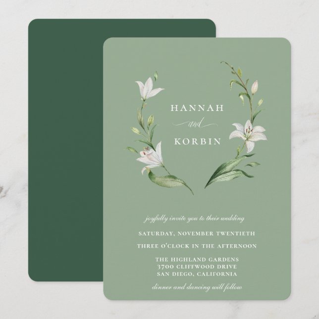 Invitación Elegante Boda Verde de Wreath Floral Blanco Sage (Anverso / Reverso)