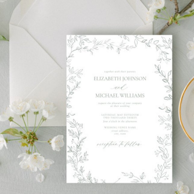 Invitación Elegante Boda verde elegante de hoja mínima modern (Subido por el creador)