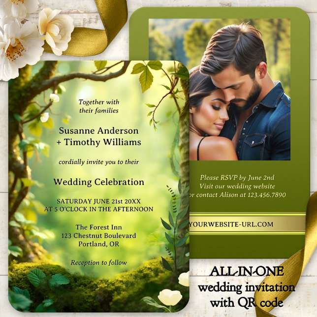 Invitación Elegante Boda Verde en un solo bosque (Elegant green and gold all-in-one wedding invitation showing a dreamy forest - with photo + QR code)