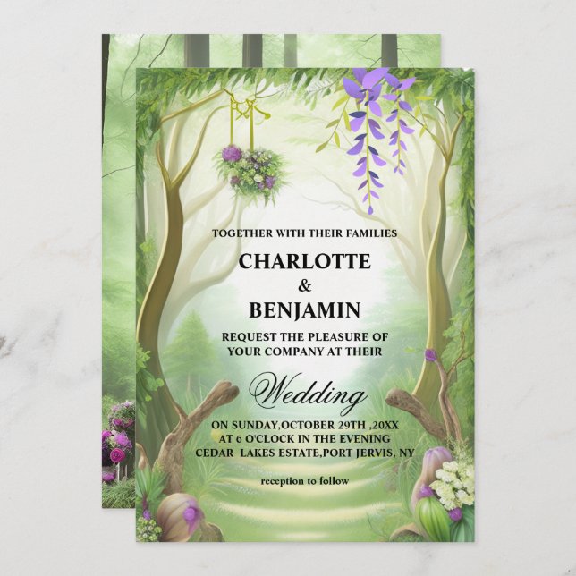 Invitación Elegante Boda Verde Encantado de Bosques (Anverso / Reverso)