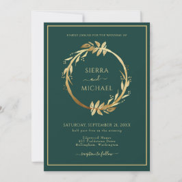 Invitación Elegante Boda verde esmeralda del oliage dorado