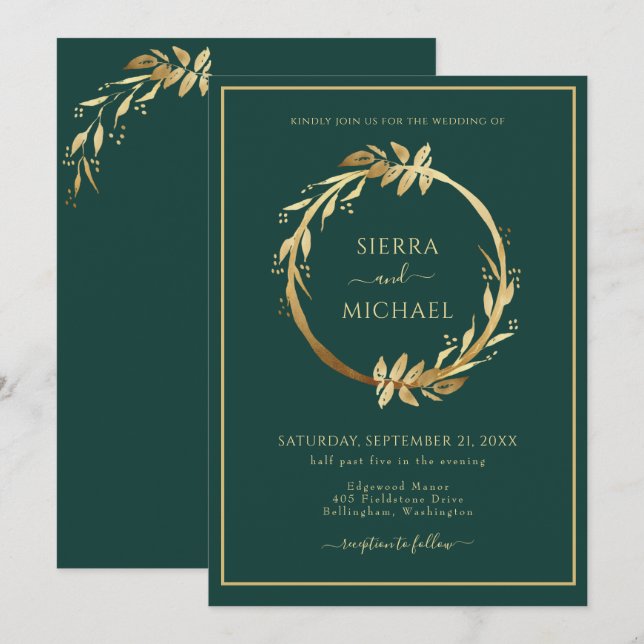 Invitación Elegante Boda verde esmeralda del oliage dorado (Anverso / Reverso)