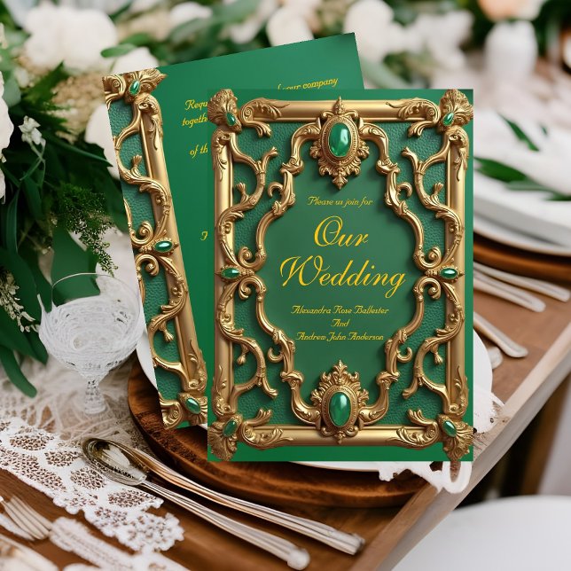 Invitación Elegante Boda Verde Esmeralda Gemas Ornato de Oro (Subido por el creador)