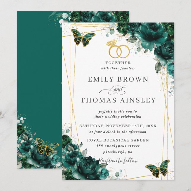 Invitación Elegante Boda Verde Esmeralda Mariposas Florales (Anverso / Reverso)