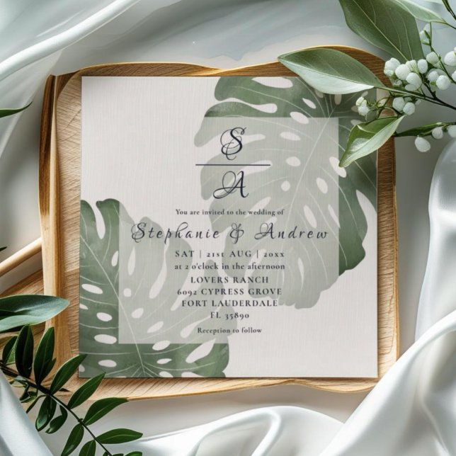 Invitación Elegante Boda verde esmeralda monstera (Subido por el creador)