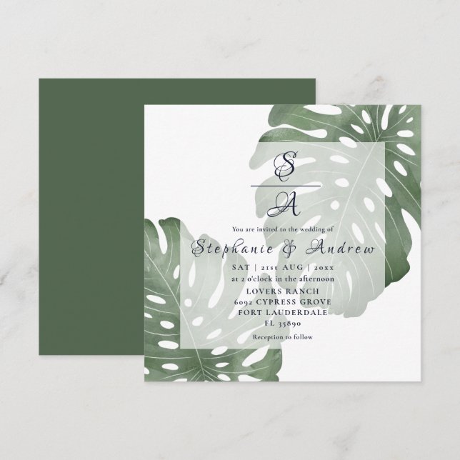 Invitación Elegante Boda verde esmeralda monstera (Anverso / Reverso)