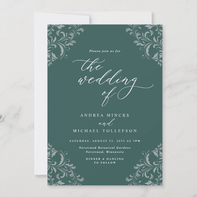 Invitación Elegante Boda verde esmeralda vintage (Anverso)