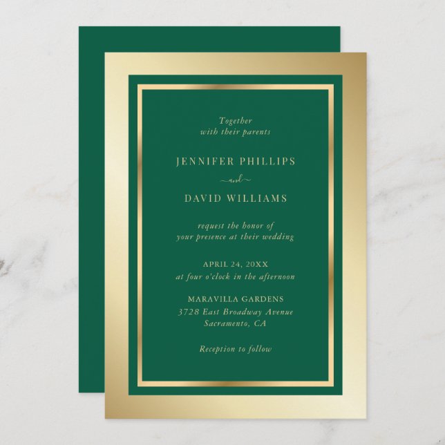 Invitación Elegante Boda verde esmeralda y oro (Anverso / Reverso)