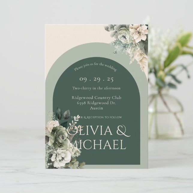 Invitación Elegante Boda verde floral (Anverso de pie)