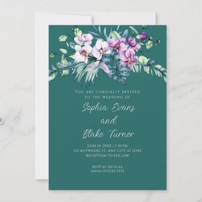 Invitación Elegante Boda verde floral blanco y morado (Anverso)