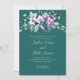 Invitación Elegante Boda verde floral blanco y morado