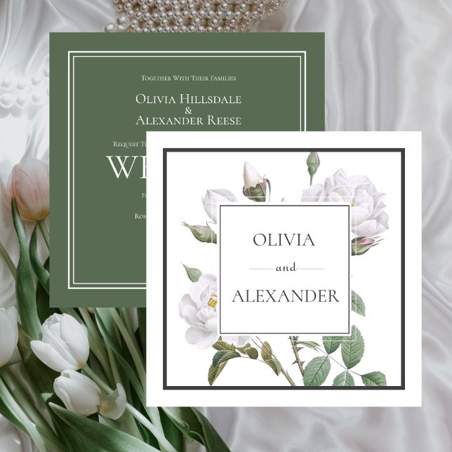 Invitación Elegante Boda verde floral de rosas blancas (White Roses Elegant Floral Green Wedding Invitation)