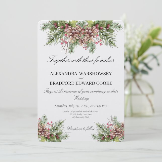 Invitación Elegante Boda Verde Invierno Pinecone Invitati (Anverso de pie)