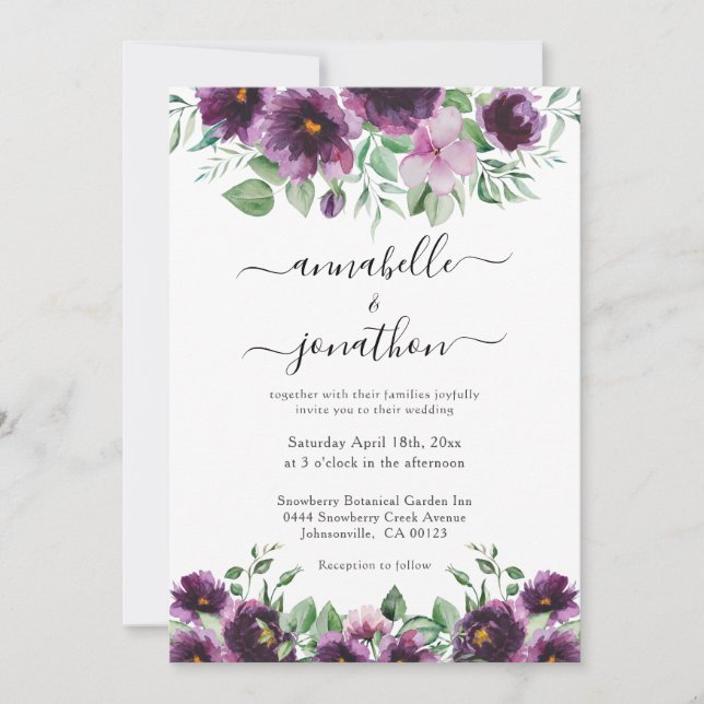 Invitación Elegante Boda Verde Morado Floral (Anverso)