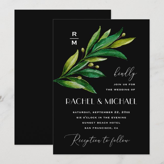 Invitación Elegante boda verde negro. La vegetación acuática (Anverso / Reverso)