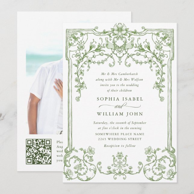 Invitación Elegante Boda Verde Ornate Ornate Floral Sage (Anverso / Reverso)