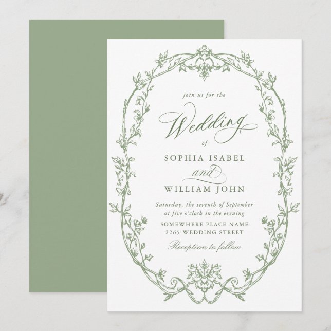 Invitación Elegante Boda Verde Ornate Ornate Floral Sage (Anverso / Reverso)