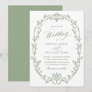 Invitación Elegante Boda Verde Ornate Ornate Floral Sage