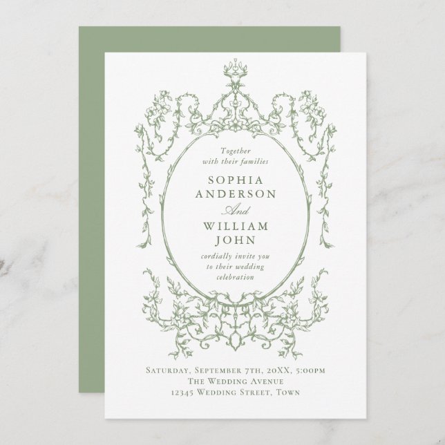 Invitación Elegante Boda Verde Ornate Ornate Floral Sage (Anverso / Reverso)