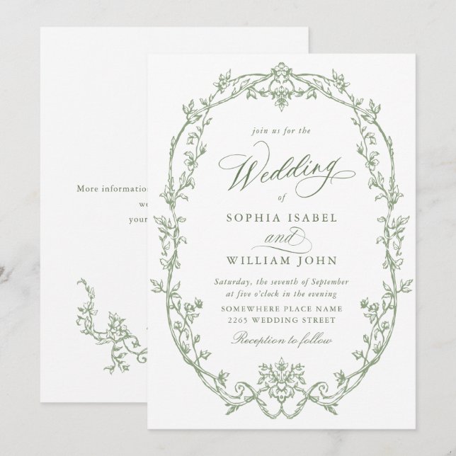 Invitación Elegante Boda Verde Ornate Ornate Floral Sage (Anverso / Reverso)