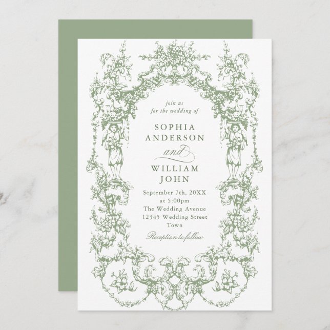Invitación Elegante Boda Verde Ornate Ornate Floral Sage (Anverso / Reverso)