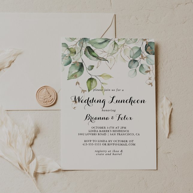 Invitación Elegante Boda verde oro  luncheon ducha de novia (Subido por el creador)