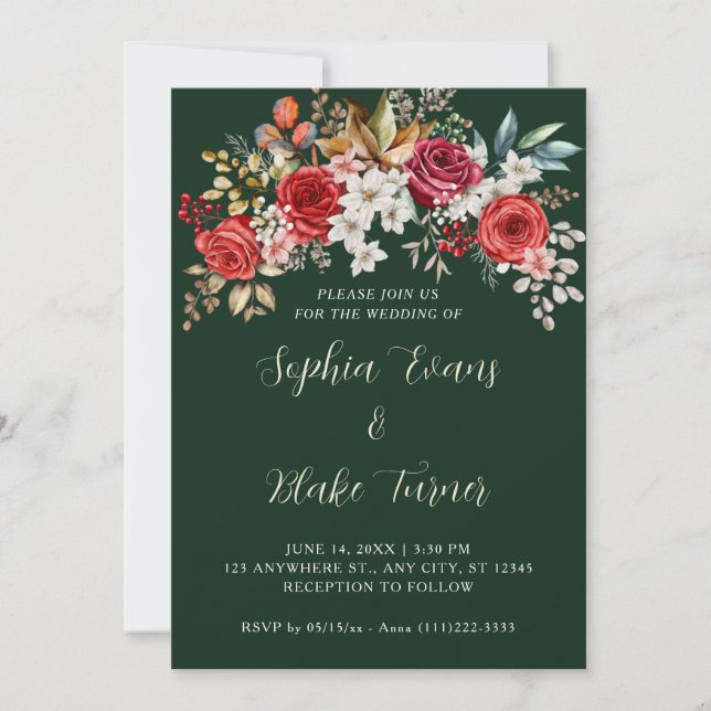 Invitación Elegante Boda verde oscuro floral de rosas rojas (Anverso)